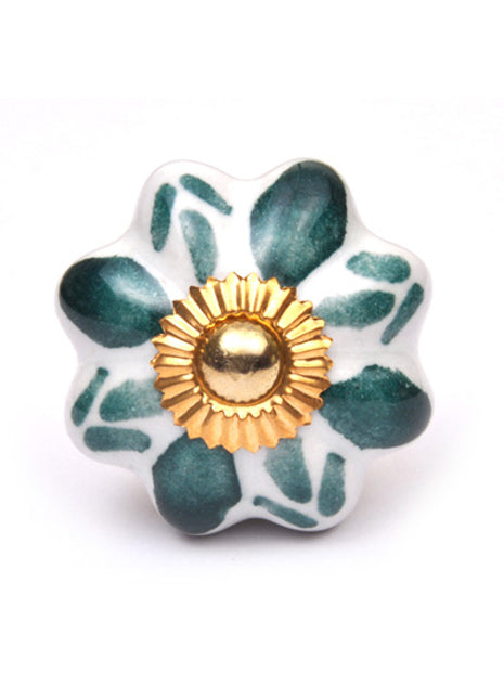 White Ceramic Flower Shaped Door Knob With Green Print