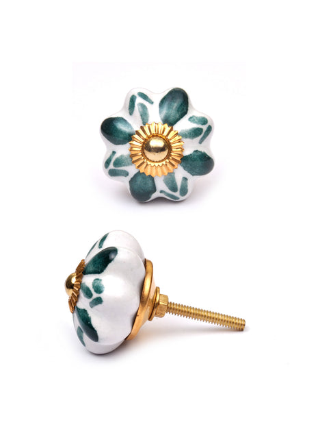 White Ceramic Flower Shaped Door Knob With Green Print