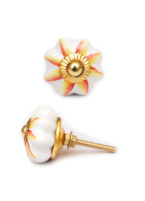 White Ceramic Dresser Cabinet Knob With Red And Yellow Flower