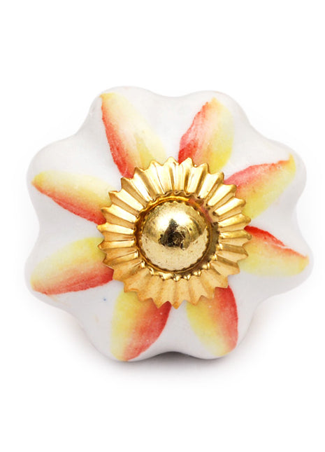 White Ceramic Dresser Cabinet Knob With Red And Yellow Flower