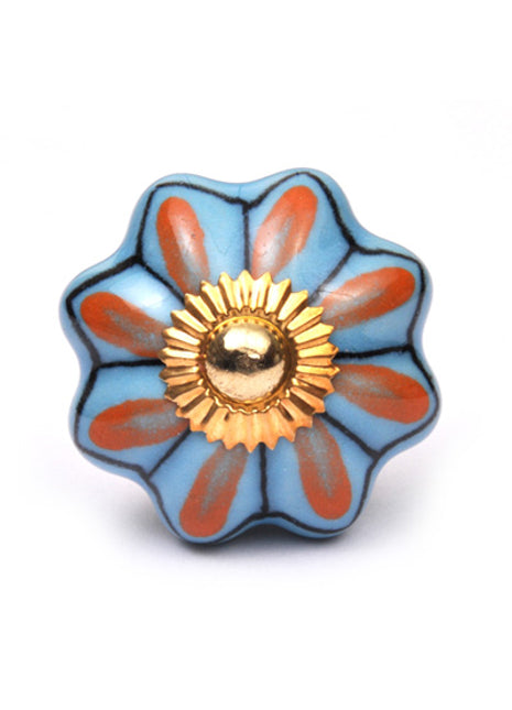 Floral Turquoise And Orange Royal Ceramic Drawer Knob