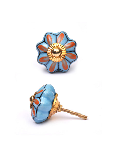 Floral Turquoise And Orange Royal Ceramic Drawer Knob