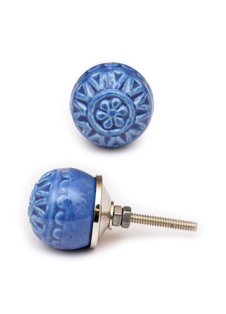 Stylish Round Carved Blue Ceramic Dresser Cabinet Knob