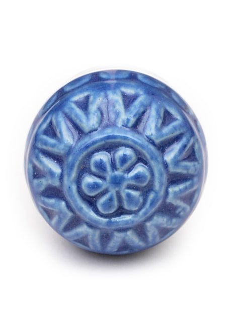 Stylish Round Carved Blue Ceramic Dresser Cabinet Knob