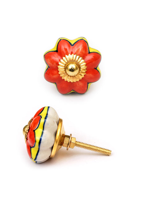 Red and Yellow Floral Print On White Ceramic Door Knob