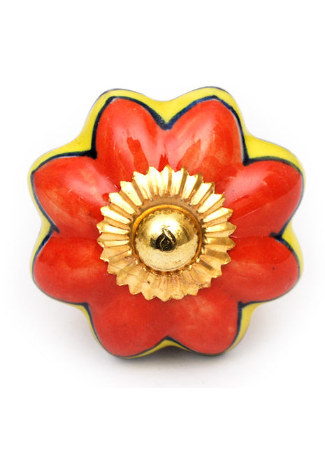 Red and Yellow Floral Print On White Ceramic Door Knob