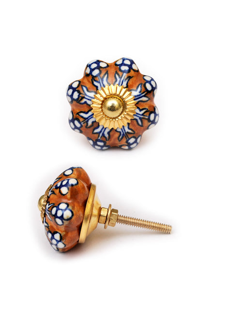 Brown Ceramic Knob With White Flowers