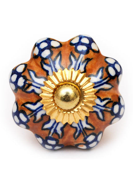 Brown Ceramic Knob With White Flowers