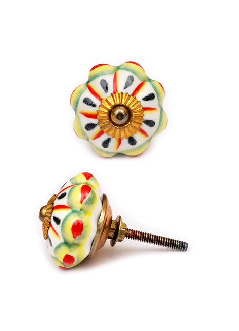 Flower Shaped White Ceramic Cabinet Knob With Multicolor Print