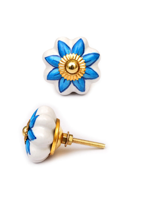 White Ceramic Dresser Cabinet Knob With Turquoise Flower