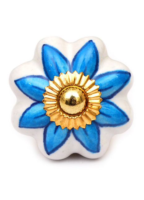 White Ceramic Dresser Cabinet Knob With Turquoise Flower