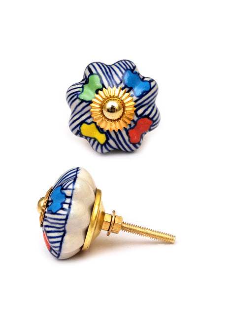 Blue Lining Ceramic Cabinet Knob With Multicolor Petals