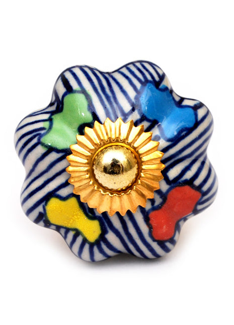 Blue Lining Ceramic Cabinet Knob With Multicolor Petals