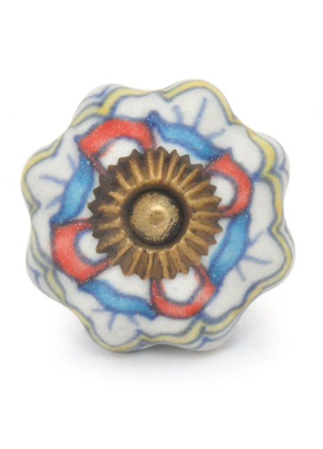 White Ceramic Drawer Knob With Multicolor Design