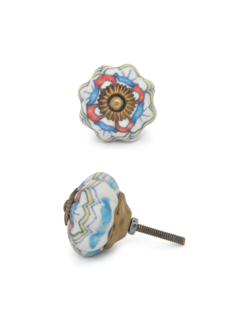 White Ceramic Drawer Knob With Multicolor Design