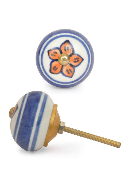 White Base Ceramic Door Knob With Orange Flower