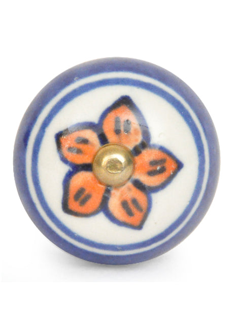 White Base Ceramic Door Knob With Orange Flower