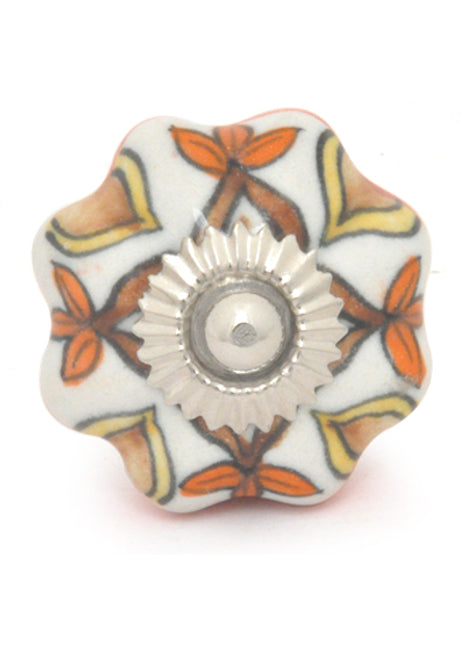 White Ceramic Dresser Cabinet Knob With Brown and Orange Print