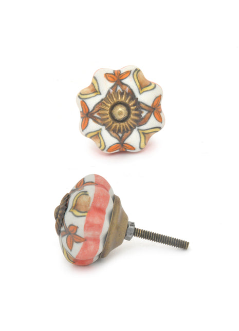 White Ceramic Dresser Cabinet Knob With Brown and Orange Print
