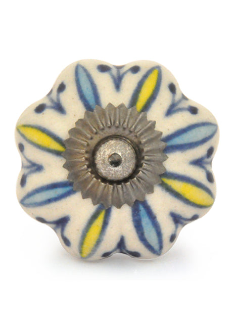 White Ceramic Flower Shaped Door Knob With Turquoise And Yellow Print