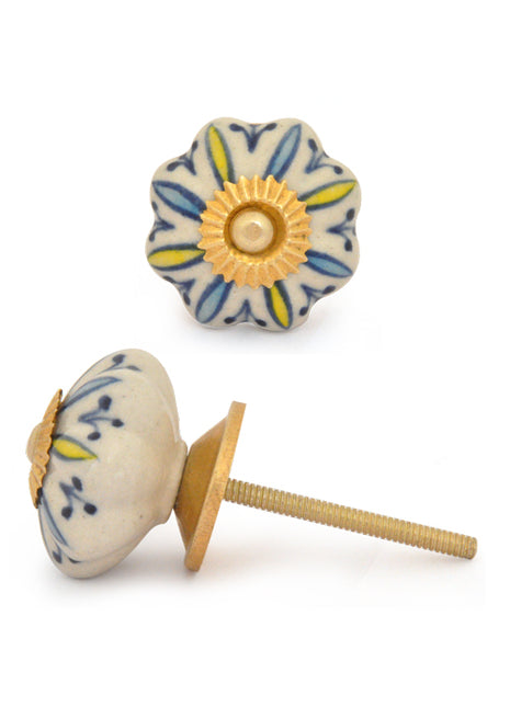 White Ceramic Flower Shaped Door Knob With Turquoise And Yellow Print