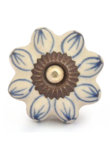 White Ceramic Drawer Knob With Beautifully Painted Blue Petals