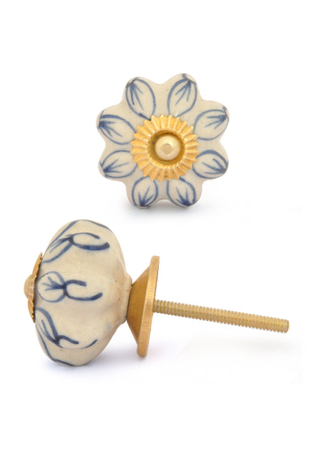White Ceramic Drawer Knob With Beautifully Painted Blue Petals