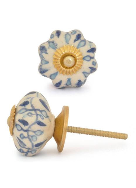White Floral Designer Cabinet Knob With Blue Print