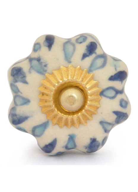 White Floral Designer Cabinet Knob With Blue Print