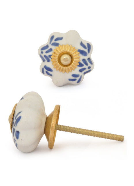 Elegant White Ceramic Drawer Knob With Blue Print
