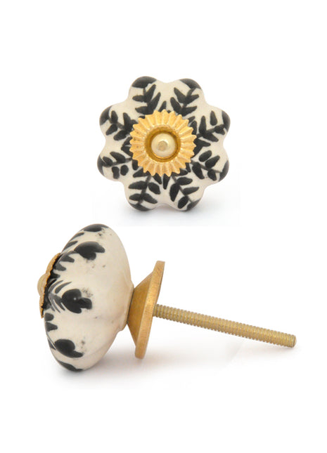 Flower Shaped White Ceramic Door Knob With Black Designer Print