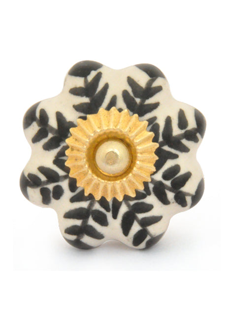 Flower Shaped White Ceramic Door Knob With Black Designer Print