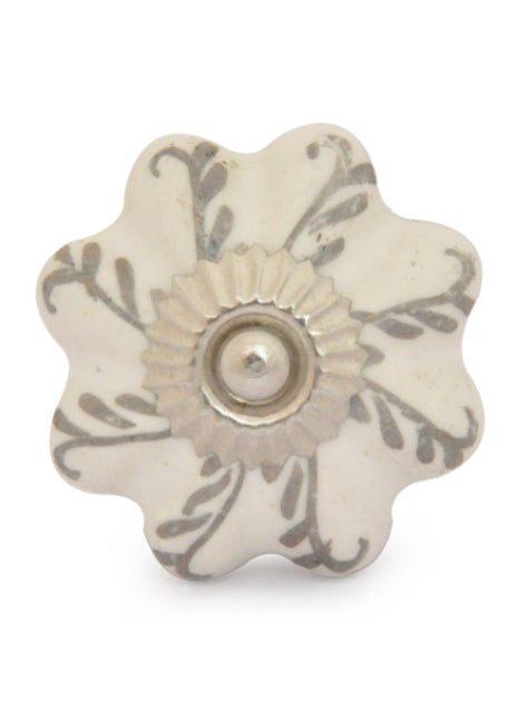 White Base Flower Shaped Ceramic Knob With Silver Print