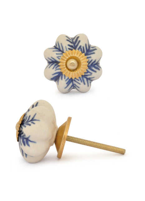 White Ceramic Drawer Knob With Blue Print
