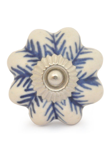 White Ceramic Drawer Knob With Blue Print
