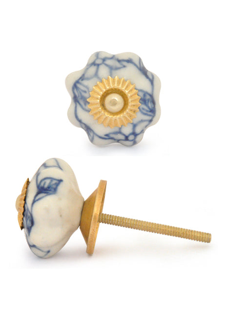White Floral Ceramic Knob With Handpainted Blue Flowers