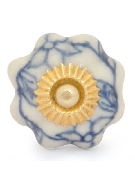 White Floral Ceramic Knob With Handpainted Blue Flowers