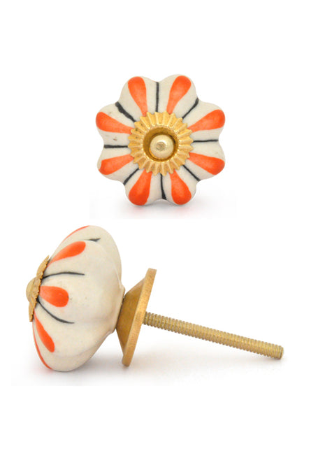 Floral White Royal Ceramic Door Knob With Orange Print