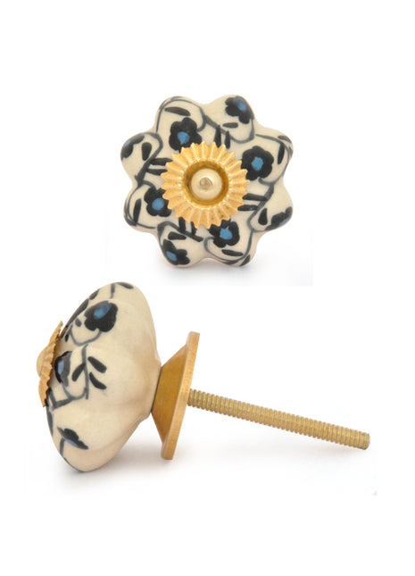 White Ceramic Flower Shaped Drawer Knob With Black Print