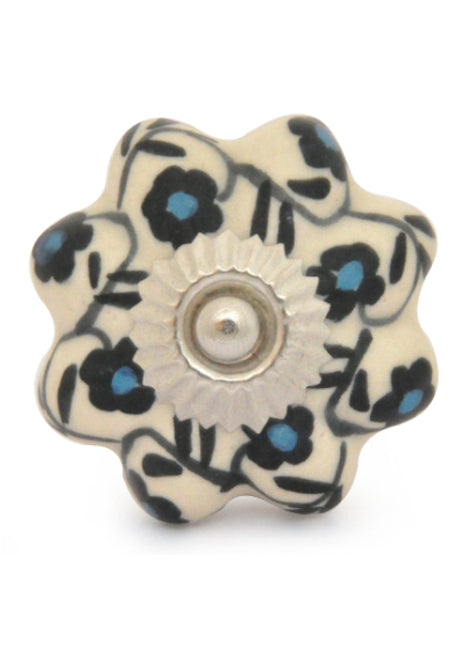 White Ceramic Flower Shaped Drawer Knob With Black Print