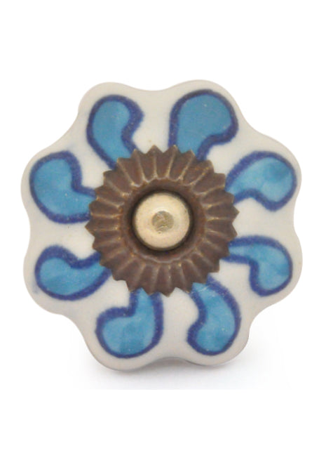 Flower Shaped White Ceramic Knob With Turquoise Flower