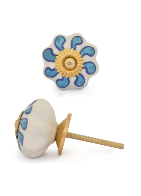 Flower Shaped White Ceramic Knob With Turquoise Flower