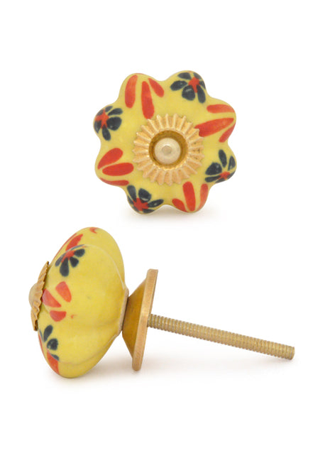 Yellow Ceramic Drawer Knob With Multicolor Flower