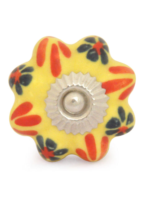 Yellow Ceramic Drawer Knob With Multicolor Flower