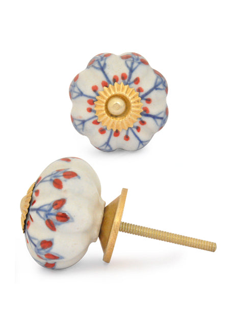 White Ceramic Drawer Knobs With Hand Painted Red And Blue Flower