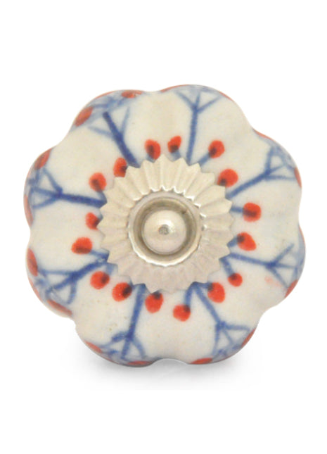 White Ceramic Drawer Knobs With Hand Painted Red And Blue Flower