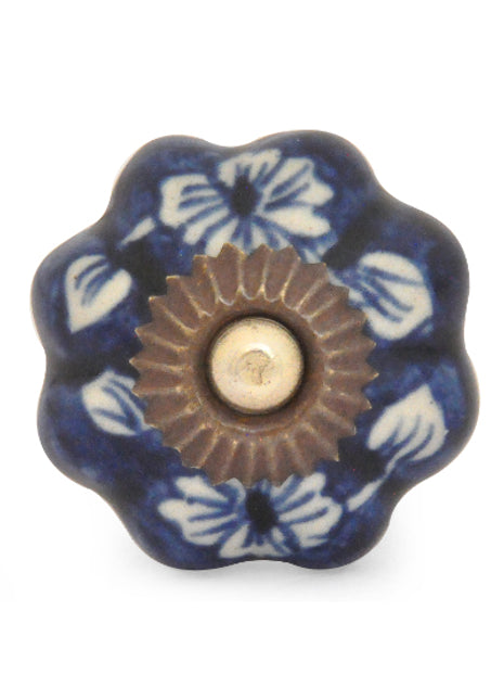 Flower Shaped Blue Base Ceramic Knob With White Print