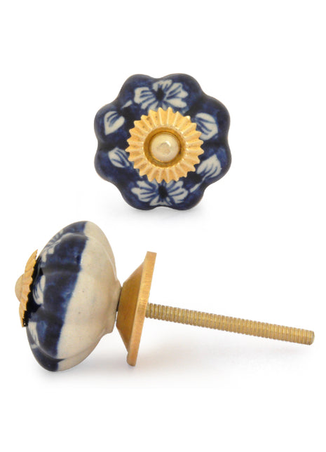 Flower Shaped Blue Base Ceramic Knob With White Print