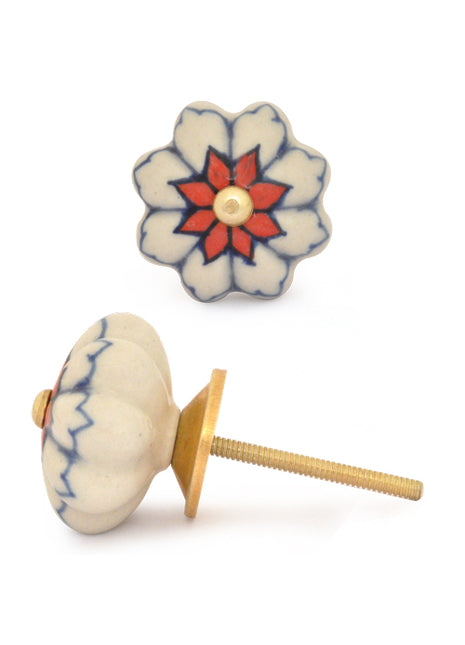 White Ceramic Drawer Knob With Multicolor Design