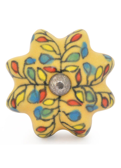 Yellow Flower Shaped Dresser Cabinet Knob With Multicolor Leaves